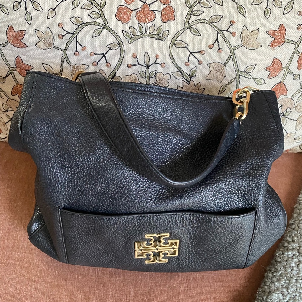 Tory Burch Britten Black Pebbled Leather Hobo Bag with Gold Accents